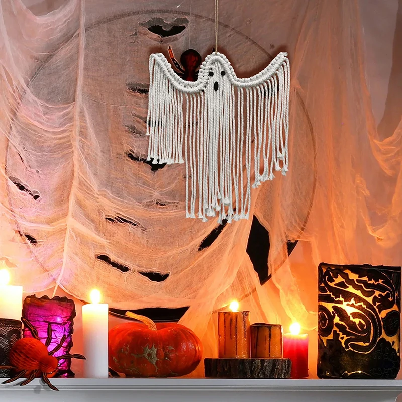 Hand-Woven Tapestries White Ghost Wall Hanging Decoration - Suspends Elegantly, Creates Spooky Holiday Scene, Halloween Tapestry