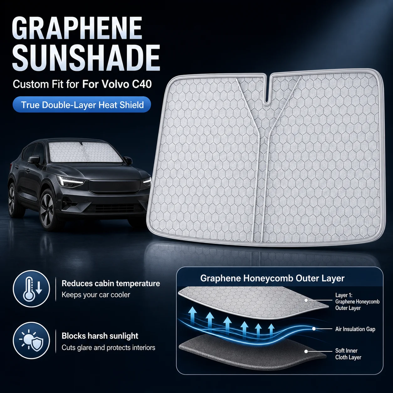 For Volvo C40 Graphene Windshield Sunshade Custom Fit Car Sunshade UV Sun Protection Car Interior Accessories