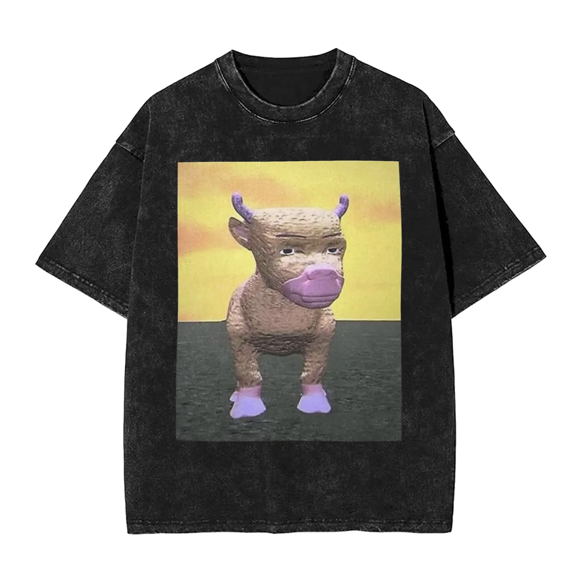 Niu Lai Cow Still from Chinese  Terrible Animation T Shirt Hip Hop Washed Cotton Oversize T-Shirt for Men Tops Streetwear  Tees