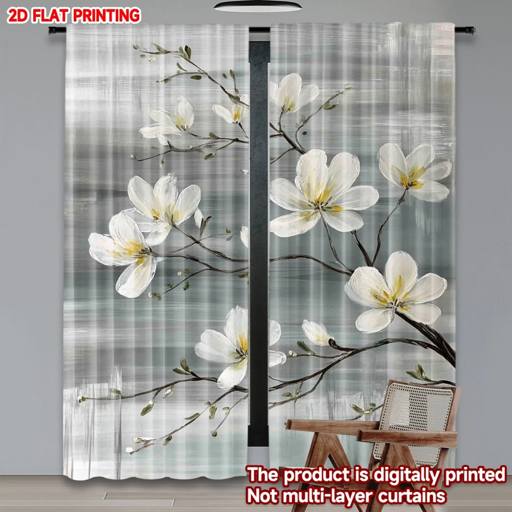 2D flat printing 2pcs Window Curtains White Blossoms on Branches Digital Printed Polyester Drapes Birthday Party Use for Holiday