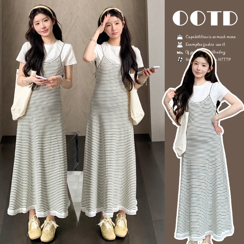 

Maternity Suit Summer 2026 White T Shirt and Striped Spaghetti Strap Long Dress with Lace Hem for Pregnant Women Minimalist