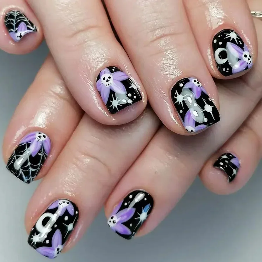 Uñas postizas de Halloween para mujeres y niñas, 24 piezas, brillantes, estrellas, Luna, telaraña, Cráneo de terror, negro