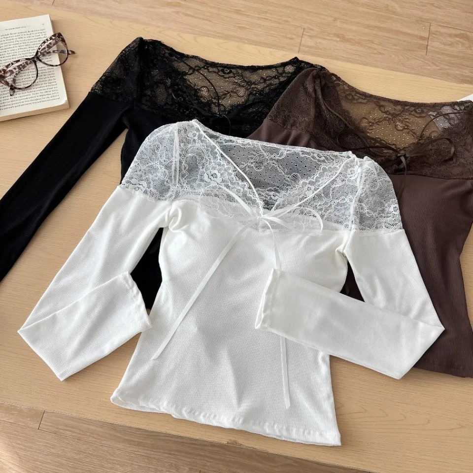 

Облегающая длинная футболка Sve V-Ne с кружевной отделкой, женский эластичный повседневный топ из смеси хлопка Pure Desire Sle