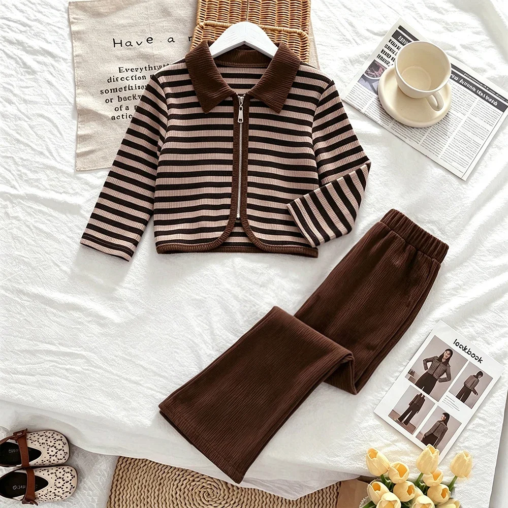 Spring and Autumn Korean Version Kids' Sets and Outfits Retro Brown Girls Clothes Striped Long Sleeved Zipper Top + Pants
