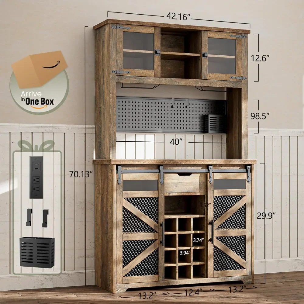 Farmhouse Coffee Bar Cabinet with Power Outlet, LED Light, 70'' Kitchen Buffet with Hutch w/13 Storage Shelves