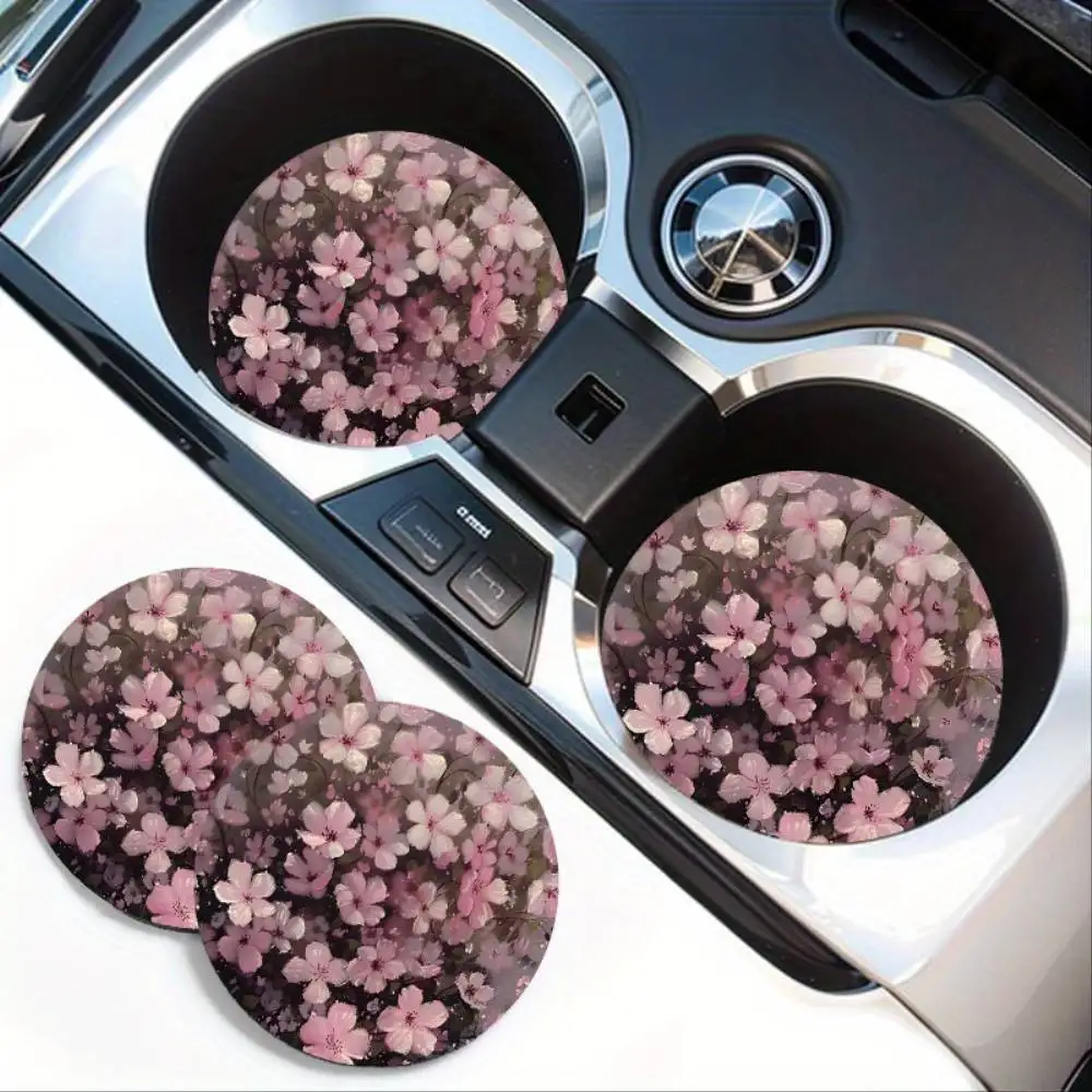 Floral Print Car Cup Holder Coasters Universal Absorbent Auto Cup Mats With Anti-Slip Bottom