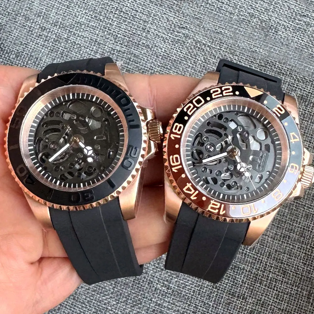 

40mm Tandorio Sapphire Glass Black NH72 NH72A Movement Automatic Rose Gold Men Watch Glass Back Screw Crown Hollow Dial Luminous