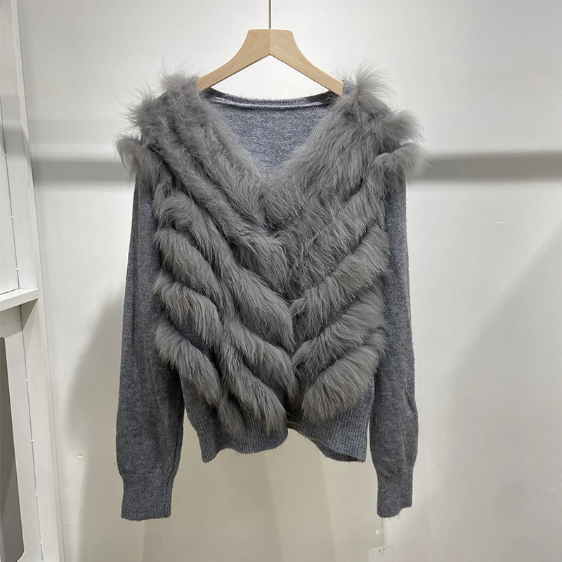 Women Winter Real Fox Fur Coat Lady's Autumn Thick White Sweater Knitted Button Coat