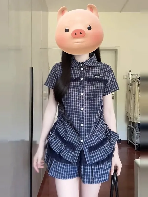 

Летний винтажный комплект с юбкой в клетку ort Sve с рюшами и высокой талией, женский модный ансамбль, повседневная рабочая одежда из полиэстера