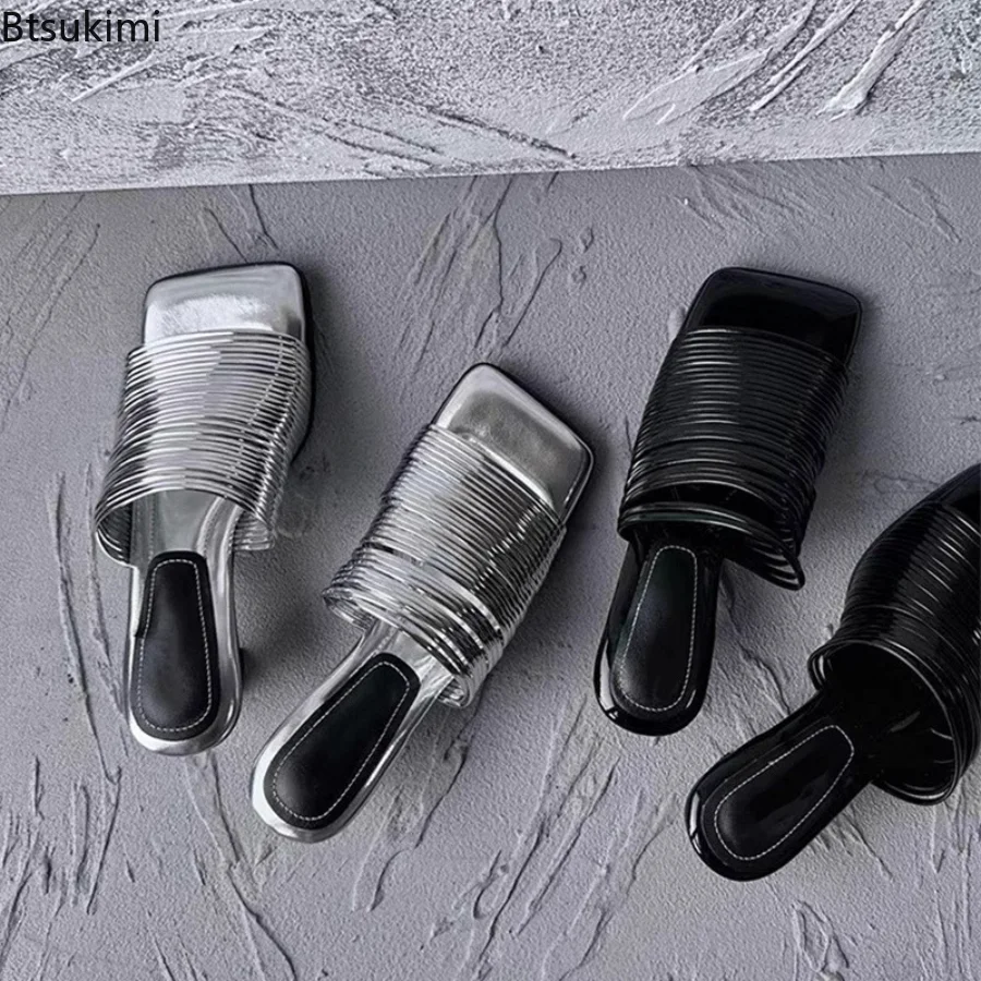 جديد 2025 الصيف المرأة ساحة تو خنجر الصنادل لامعة بلون عالية الكعب عادية نصف أحذية مفتوحة للنساء الصنادل #2