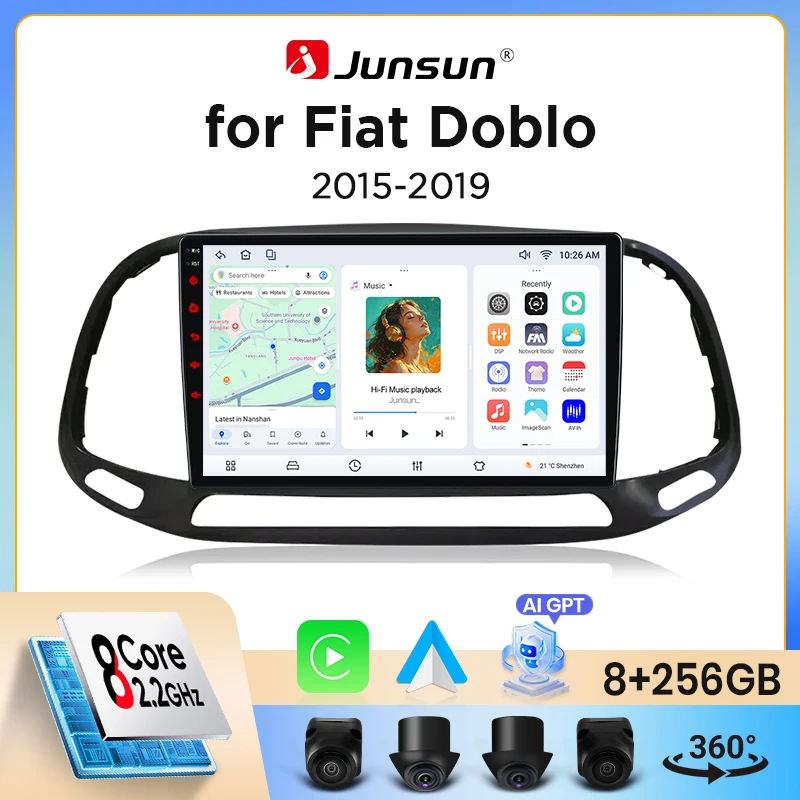 Autoradio Junsun sans fil CarPlay Android Auto pour Fiat Doblo Mk2 (263 Facelift) 2015-2022 avec ventilateur de refroidissement intégré, navigation GPS Android, lecteur multimédia, WiFi, DSP, RDS, BT,