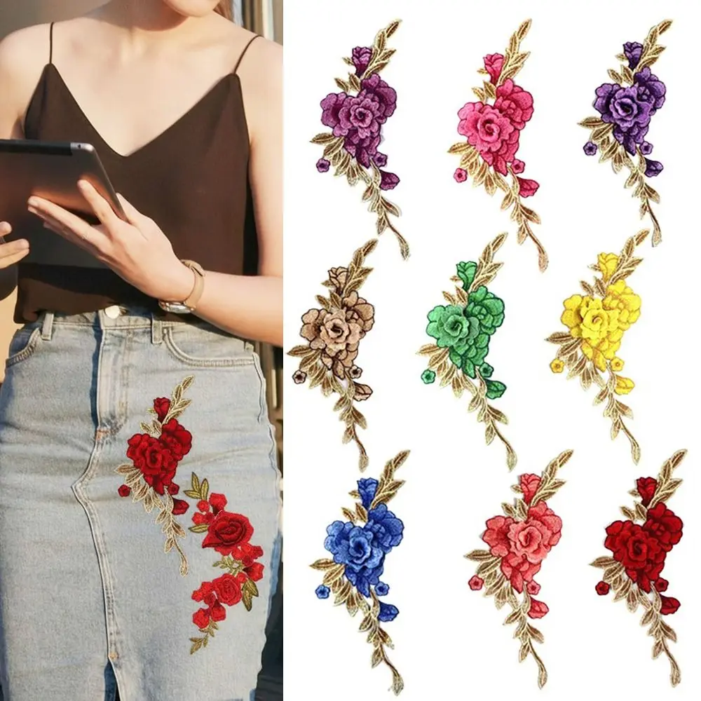 Fashion Elegant Red Embroidery Patch Floral Embroidery DIY Rose Flower Patch Decorative Applique