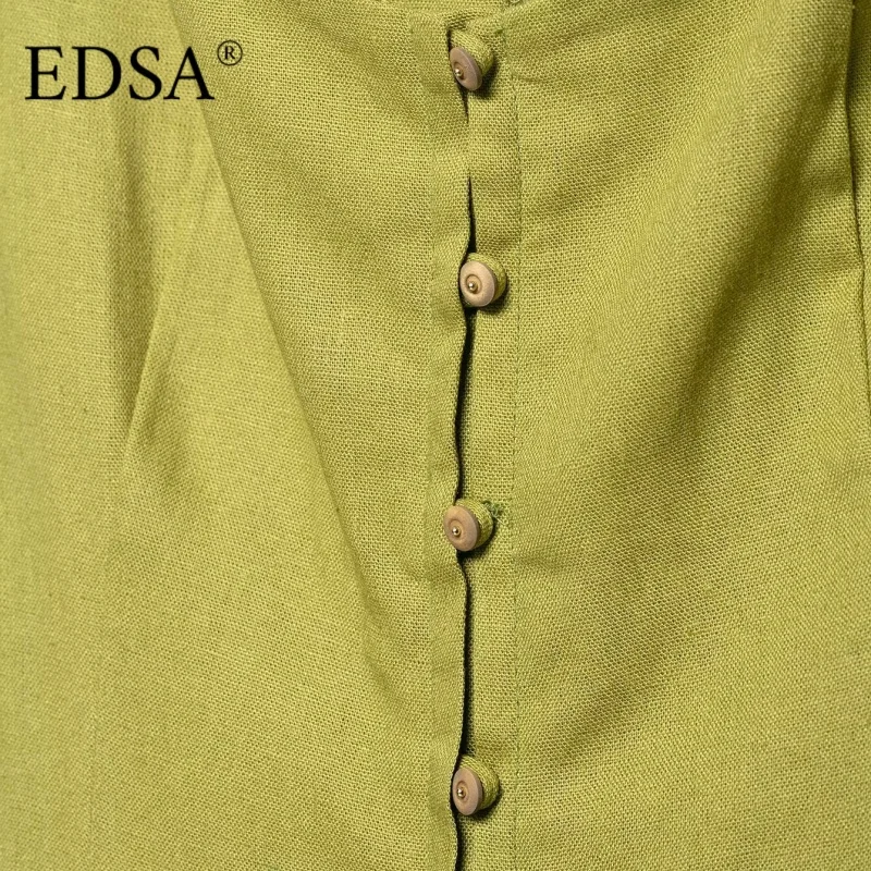 EDSA Damen Vintage-Midikleid aus Leinen, quadratischer Ausschnitt, ärmellos, geteilter Saum, Reißverschluss hinten, langes Kleid für Party