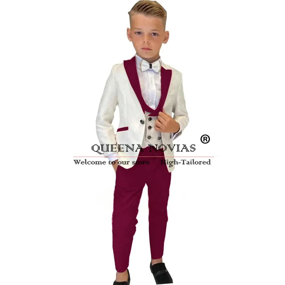 Trajes de lujo para niños para fiesta de boda, solapa de pico rojo, chaqueta floral de marfil, chaleco, pantalones, conjuntos de 3 piezas, esmoquin para niños, hecho a medida