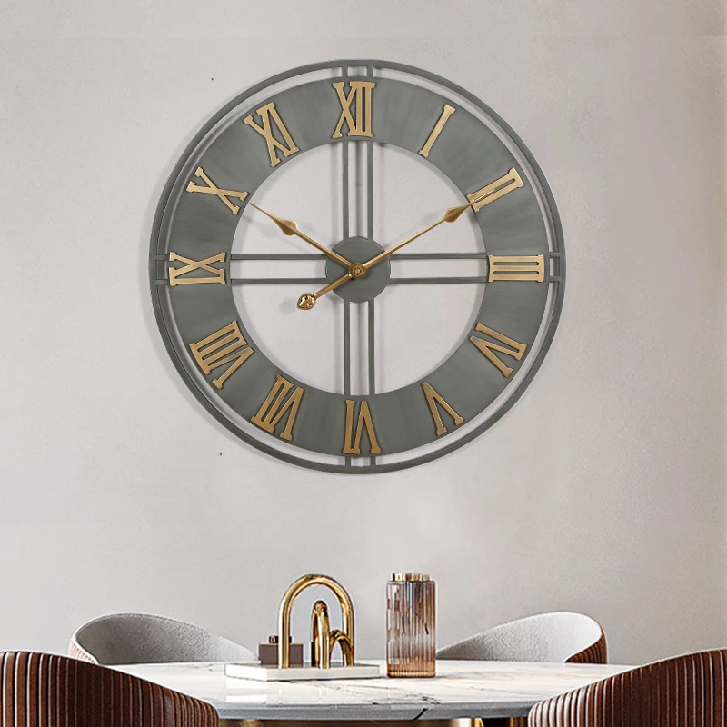 Modern 3D Large Wall Clocks Roman Numerals Retro Round 60cm Metal Iron Accurate Silent Nordic Hanging Ornament Living Room Decor