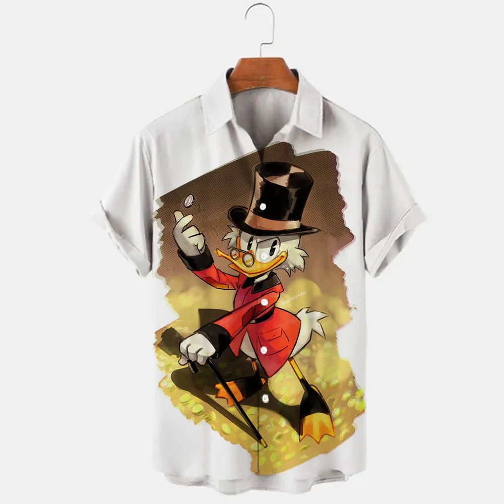 Camisa de lapela de manga curta masculina, camisa justa, mickey, pato Donald, desenho animado 3D estampado, street style, moda casual, verão, nova