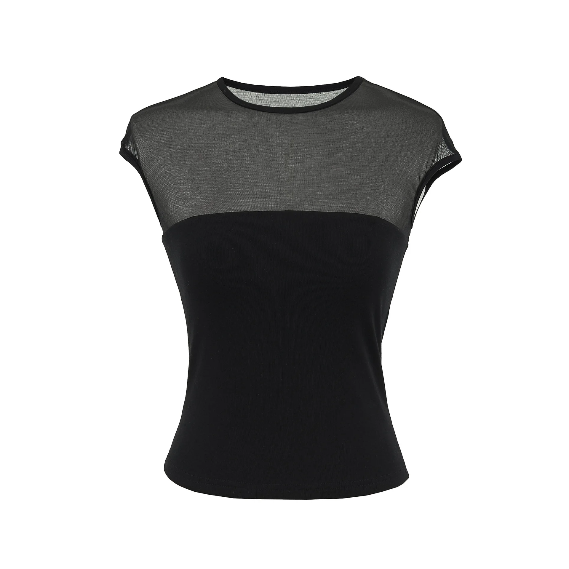 Lightly mature style sexy mesh patchwork short-sleeve top summer 2025 new model with chest pads accentuates bust and slims ZG1N