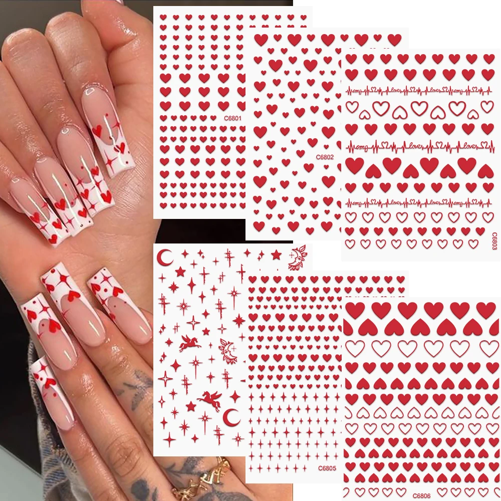 6/12Pcs Red Love Heart Nail Stickers Valentine's Day Heart Self-Adhesive Slider Y2K Star Moon Nail Decals Manicure Decorations