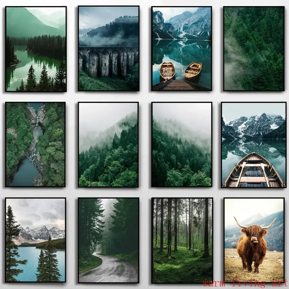 Nordic Natural Green Mountain Lake Forest Road Landscape Canvas Painting Print Poster Cow Forest Railway art Picture Home Dec