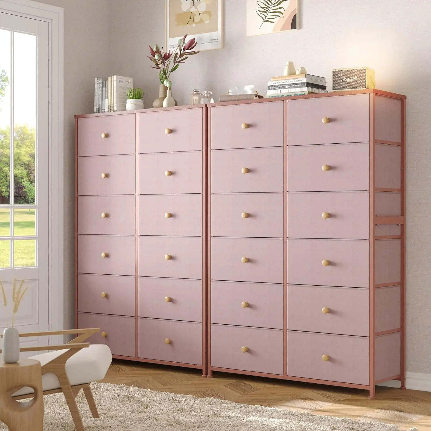 Pink Dresser for Bedroom 12 Drawer Dresser with Wooden Closet,35