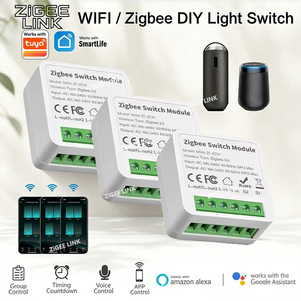 

WiFi or Zigbee Mini Smart Switch 2-Way Control Wireless DIY Breaker Relay Module Compatible Works With Tuya Alexa Google Home