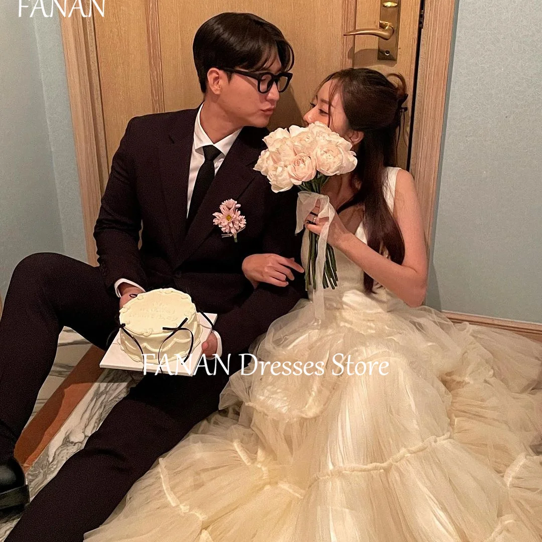 FANAN V-Neck Korea A-Line Wedding Dresses Sleeveless 웨딩드레스 Ivory Simple Elegant Tulle Pleated Custom Made Bride Gowns Plus Size