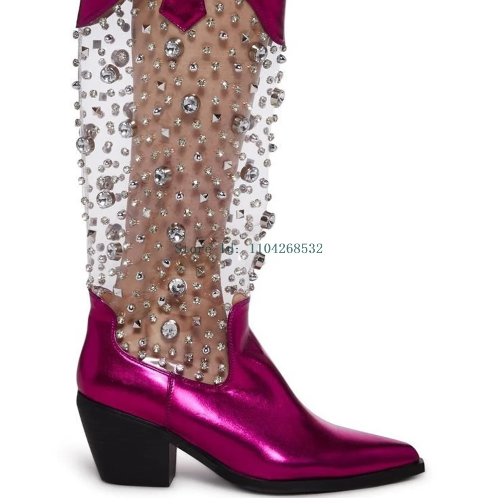 Crystal Rhinestone Patent Leather Runway Boots Sexy Pointed Toe Square Zipper Sewing New Arrivals Fashion Moedrn Boots