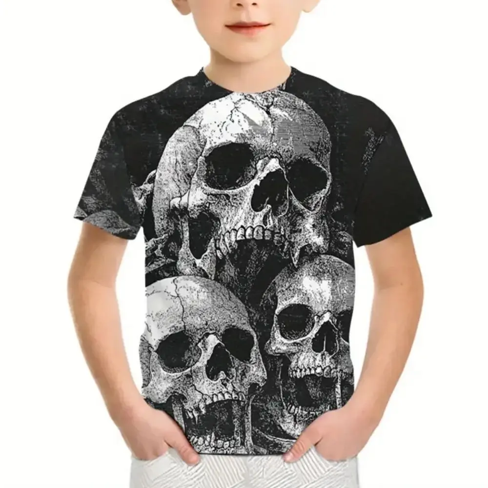Kids Clothing Scary Skull Pattern T-Shirt, Fun Outdoor Family Matching Outfits, Summer Casual Shorts, Kids Short Sleeve T-Shirt