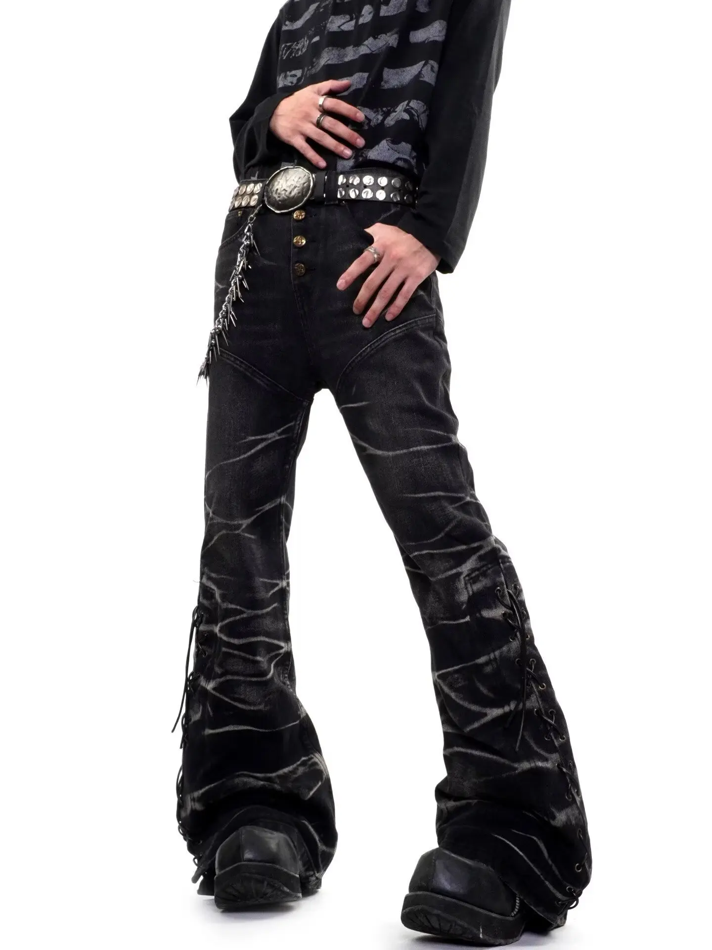 Belted Design Pleated Flare Jeans Vintage Y2K Streetwear Black Washed Denim Pants American Casual Fashion Men Splicing Trousers