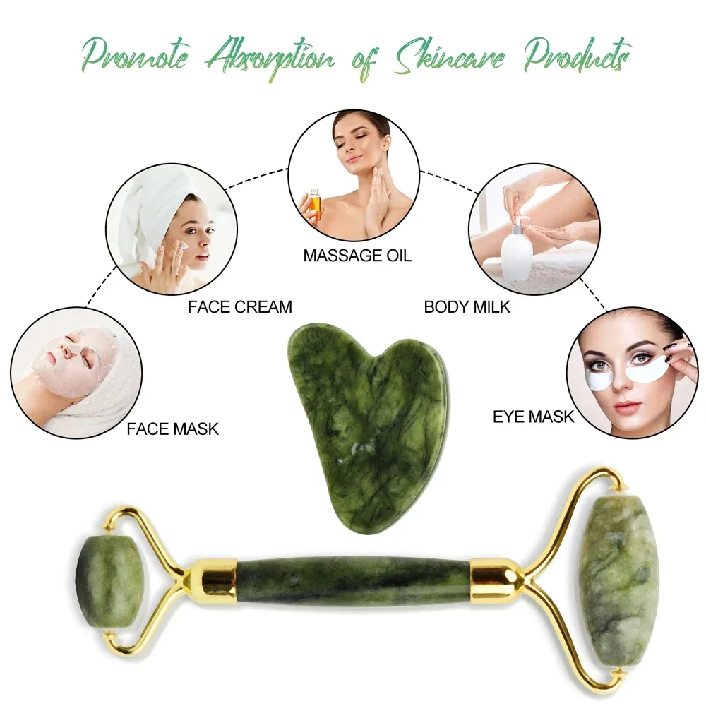 Masajeador Facial de piedra Natural, rodillo de Jade y juego Gua Sha para belleza Facial, ojos, cuello, Reduce líneas finas y arrugas, cuidado de la piel