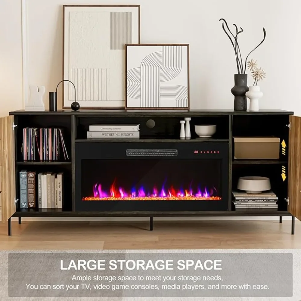 The 68-inch TV cabinet is equipped with a 36-inch electric fireplace heater for a maximum 75-inch TV in the living room