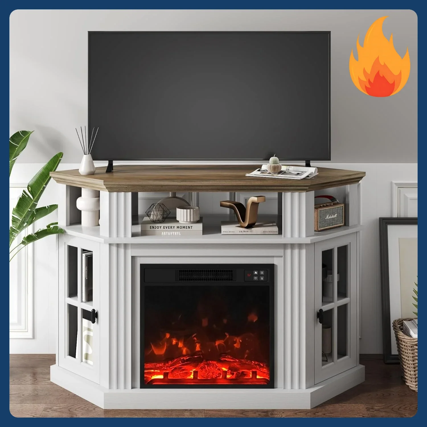 

Bestseller[Discounted Price!]Corner Fireplace TV Stand for Television up to 55" with Storage Cabinets, Entertainment Center, Med