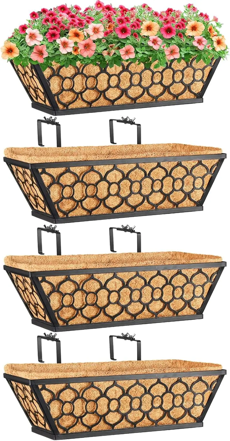 

4 Pack 16 Inch Window Box Planters with Coco Liner, Metal Railing Planter Boxes for Balcony Porch Fence Patio Outdoor Decor