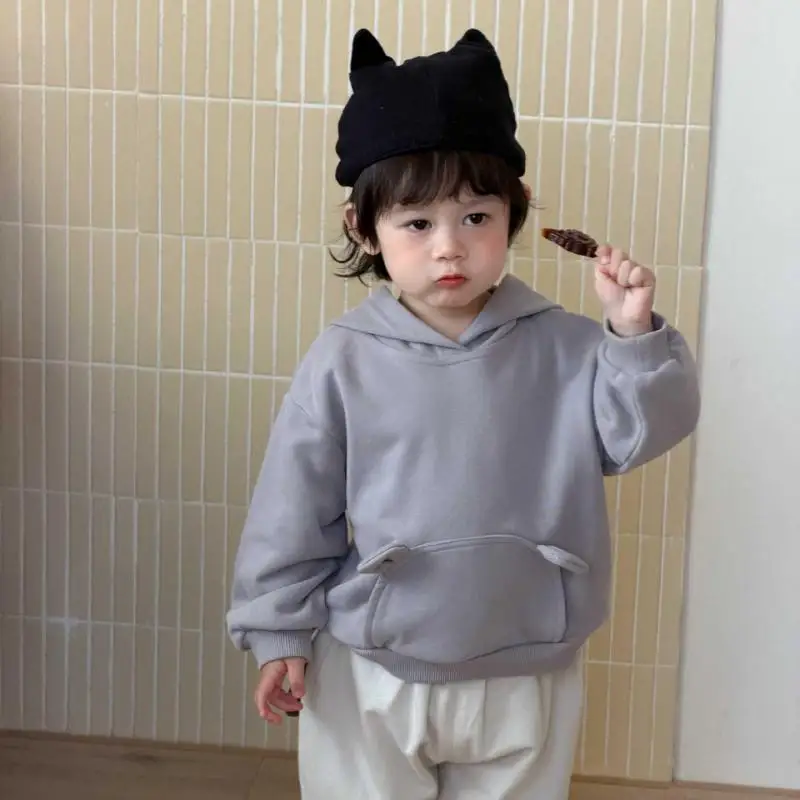 

2026 Spring New Baby Long Sleeve Hooded Sweatshirt Solid Infant Girl Casual Pullover Cotton Boys Loose Tops Toddler Clothes