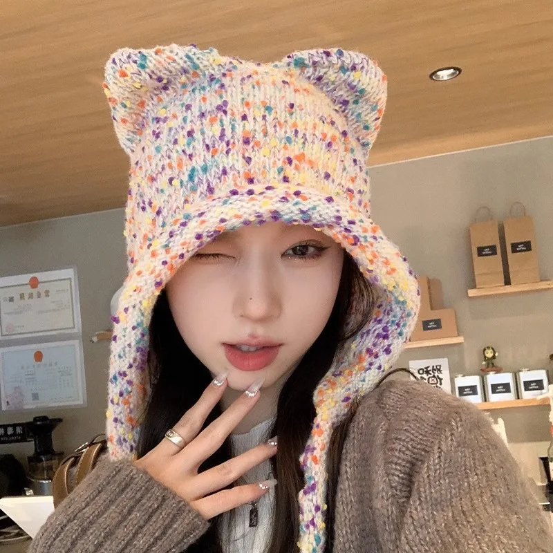 Rainbow Beanie Wool Hat Women's Autumn and Winter Cute Bear Lace-up Knitted Hat Cold-proof Cat Ear Knitted Hat