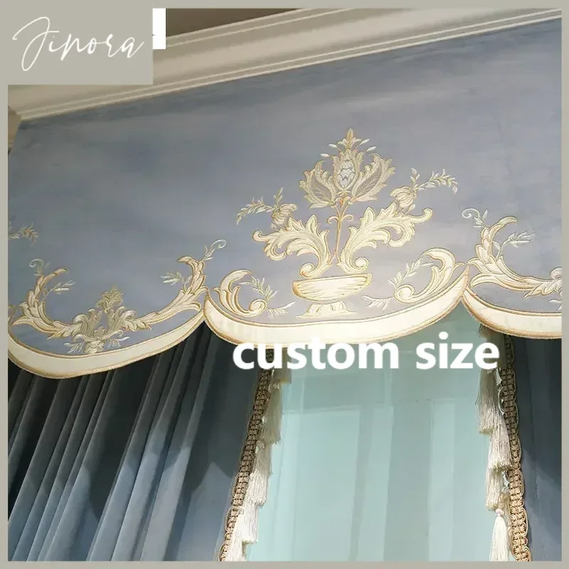 

Modern European Luxury Curtains For Living Room Bedroom Blue Velvet Spliced Tassel Curtain Flat Valance Embroidered Tulle Custom