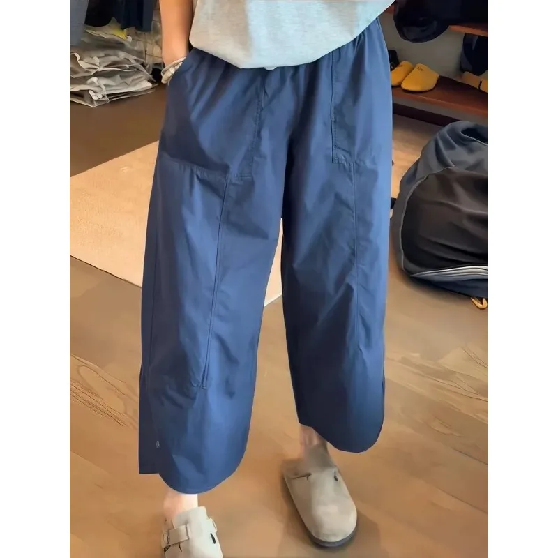 Women's Plus Size Yellow Casual Straight Pants Loose Fit Elastic Waist Nine-Point Trousers for Summer