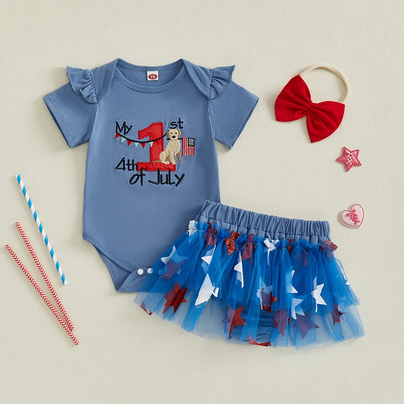 

Baby Girls Shorts Set Short Sleeve Embroidery Letters Romper with Stars Shorts and Hairband Summer Outfit for Independence Day