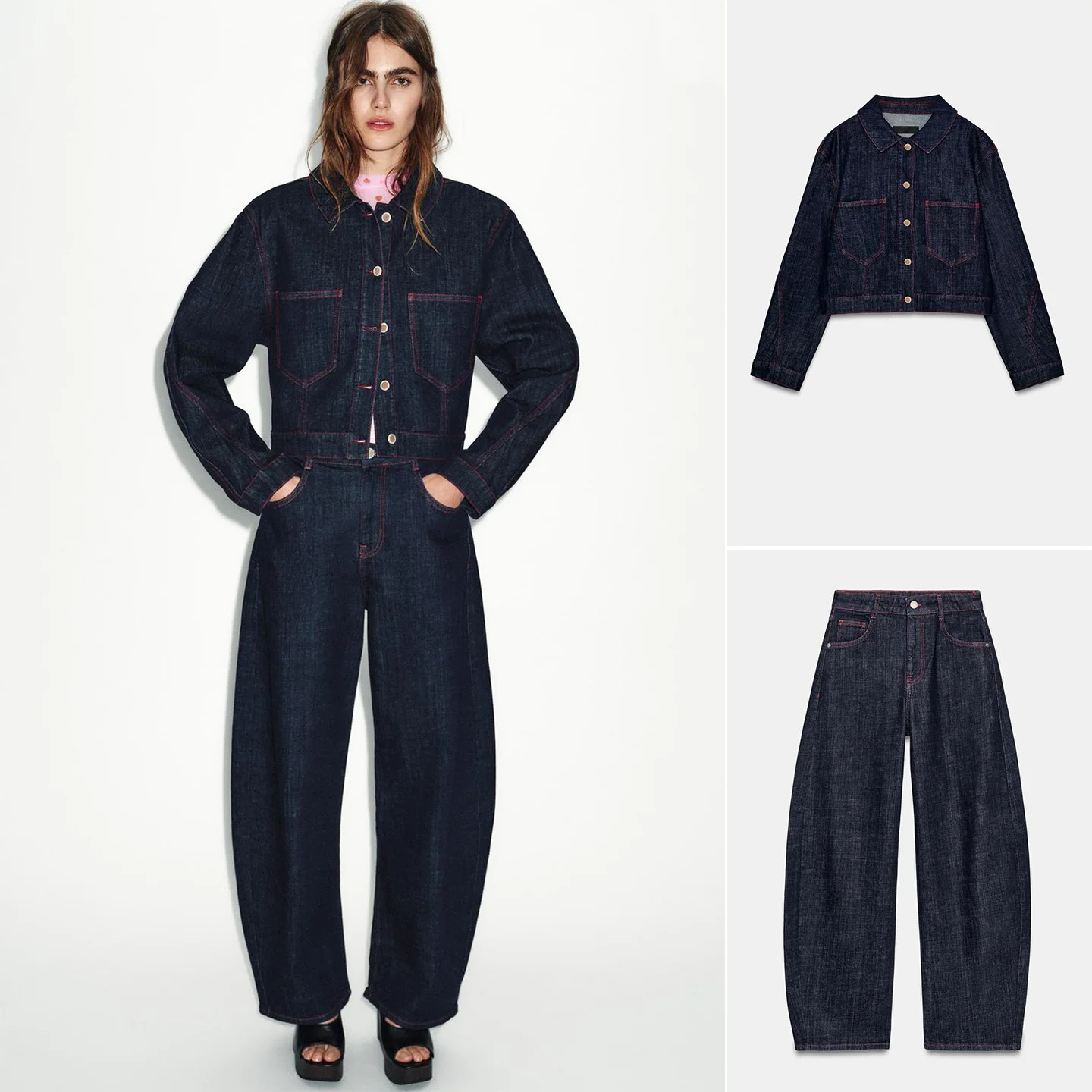 

Shoulder Pad Jacket Coat Long Sleeve High Waist Loose Jeans Denim Spring Fashion Set Women's Short Length Pure Color Outfit