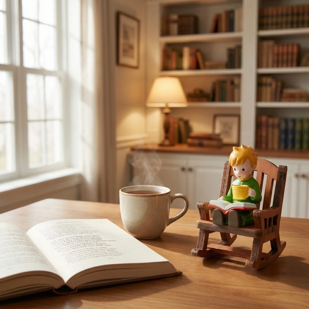 Märchenprinz Schaukelstuhl Lesebeigur Niedliche Miniatur-Desktop-Ornament für Zuhause, Büro, Regal, verträumtes Geschenk für Kinder – Detail 5