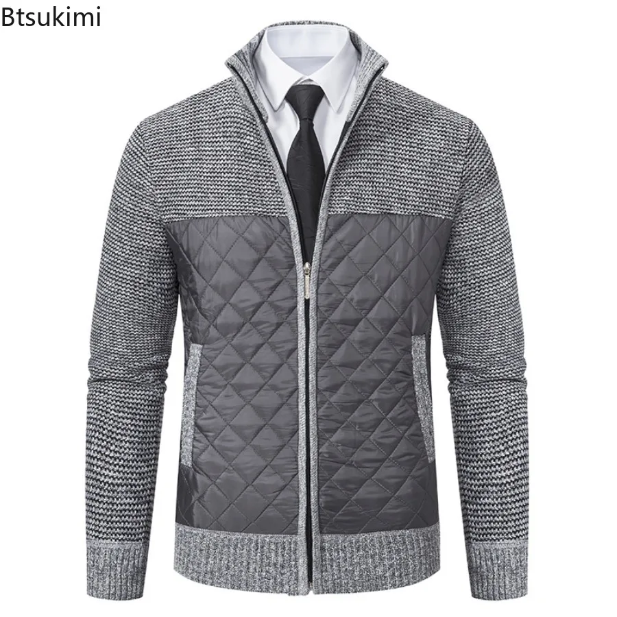 New Autumn Winter Men's Sweater Jacket Coat Knitting Outewear Patchwork Stand Collar Long Sleeves Warm Zipper Casual Jackets