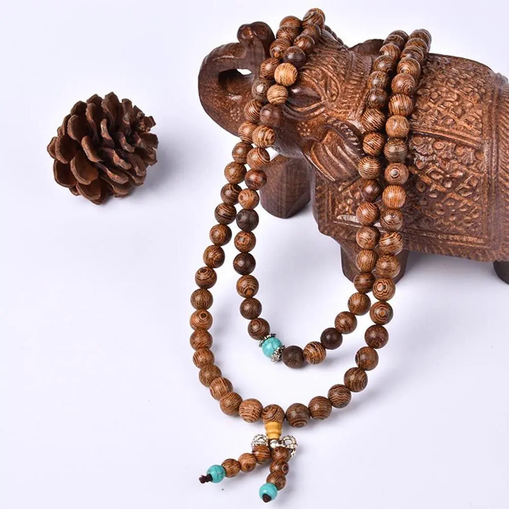 Wood Bangle Mala 108 Beads Rosary Wenge Bracelet Turquoise Buddhist