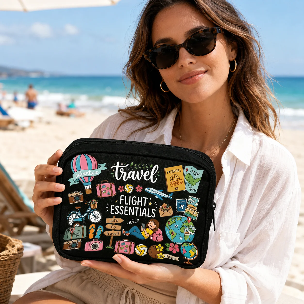 Women’s Travel Toiletry Bag, Colorful Flight Essentials Print, Portable Zipper Makeup Organizer for Beach, Vacation & Luggage