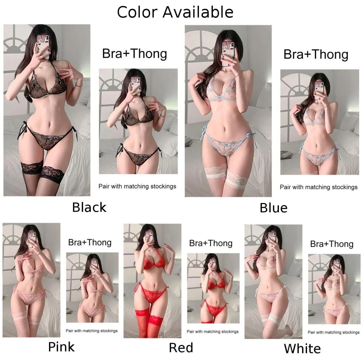 Sexy Lingerie Women Bra Thong Stockings Three-Point Tempt Suit Lace See-Through