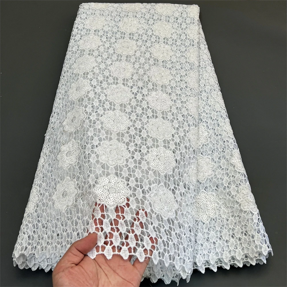 Royal Blue 2024 High Quality Lace 5 Yards French Cotton Lace With sequins Nigerian lace Fabric For Wedding Dress Sewing PS0030