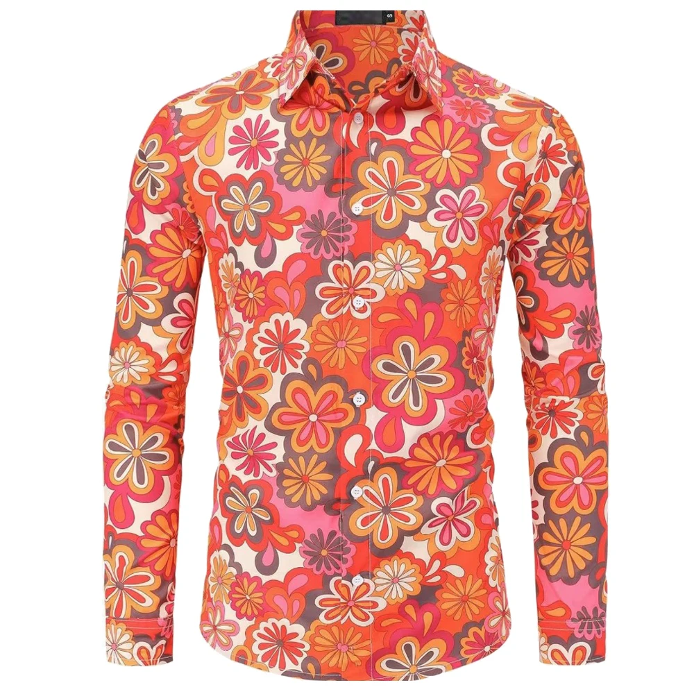 Chemise à manches longues pour hommes, imprimé ethnique des années 70, Chang Hip Hop, chemise décontractée pour hommes, bouton social, chemise vintage florale Paisley