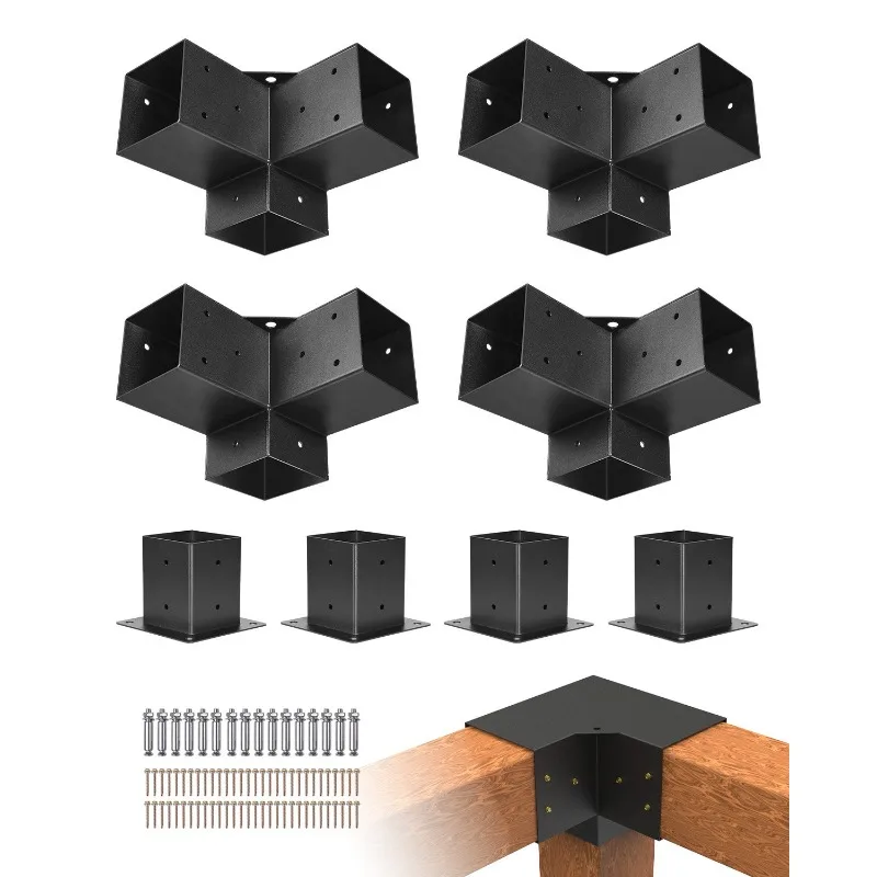 Pergola Bracket Kit, 4x4 Inch (Inner Size 92 X 92 Mm), 4 Pcs 3-Way Heavy Duty Corner Bracket Woodworks DIY Post Base Kit, Easy Installation Wooden Beams For Gazebos, Patio Pergolas, Log Cabin