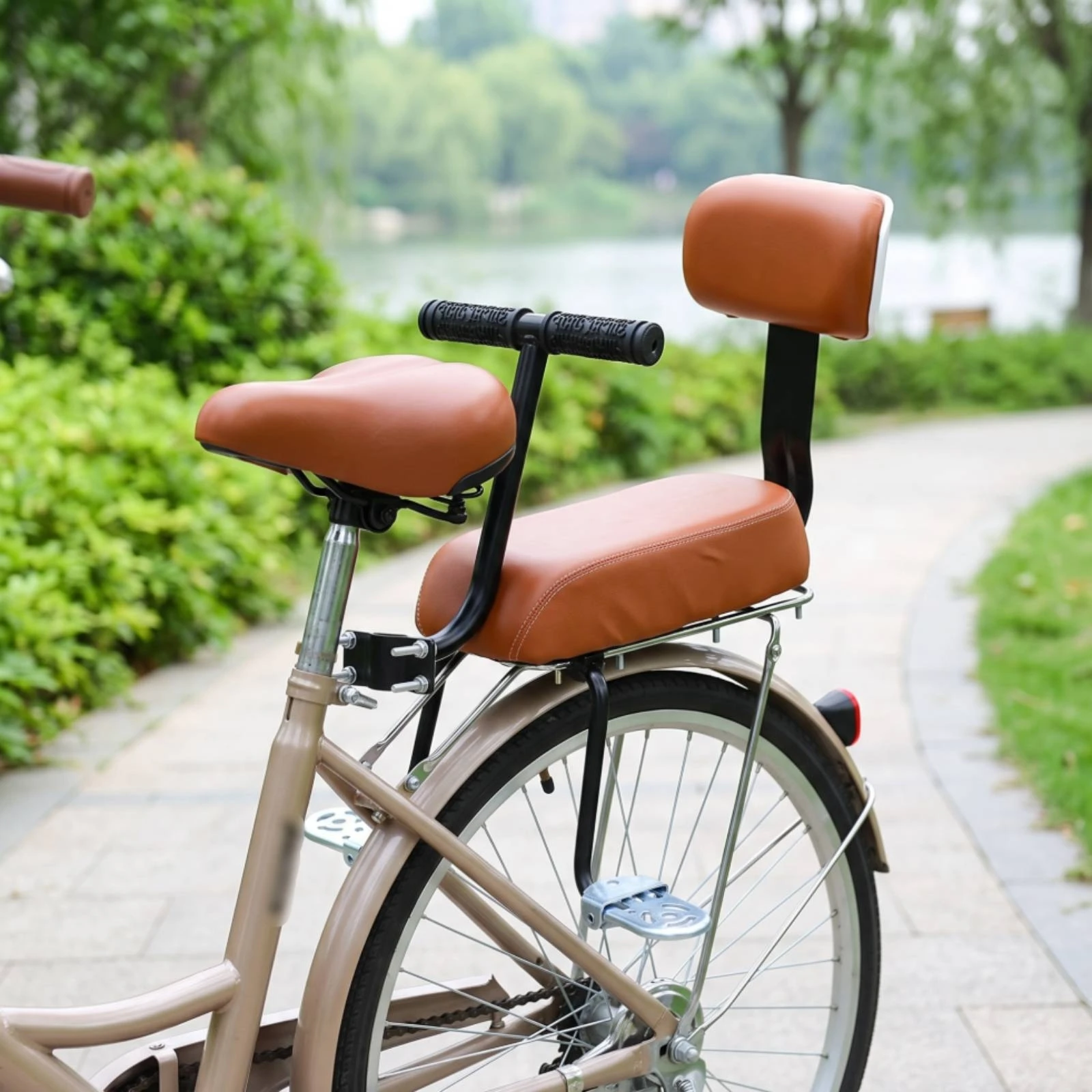 Asiento trasero para niños con respaldo, cojín de cuero para asiento trasero de bicicleta, duradero y resistente para niños