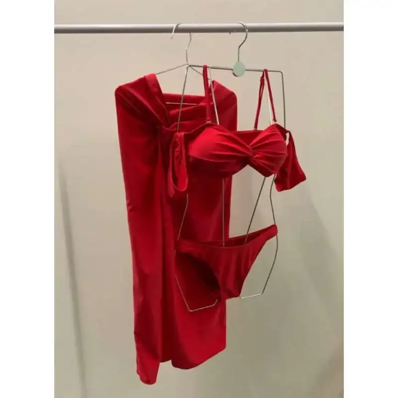 ชุดบิกินี่ผู้หญิงแบบใหม่ เอวสูง พร้อมเสื้อคลุมเซ็กซี่ผูกไหล่ แขนสั้น ชุดว่ายน้ำสามชิ้น พร้อมเสื้อคลุม