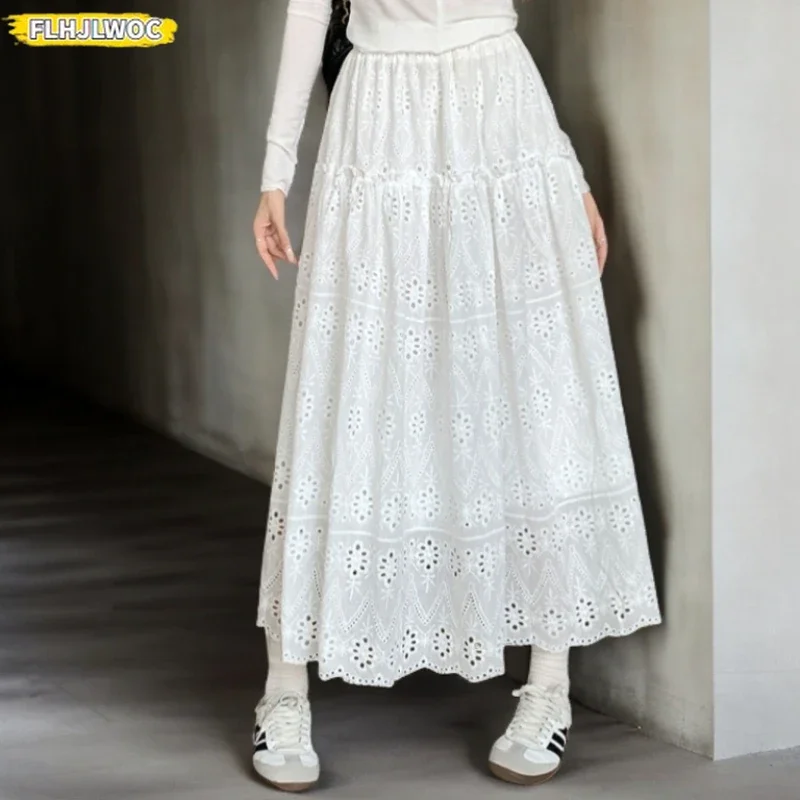 Embroidery Hollow Out Lace Cotton Skirts New Design Autumn Winter Cute Sweet Japan Girl Solid High Waist Long Maxi White Skirt